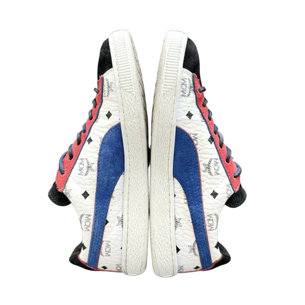 MCM Black Red Blue Logo-Print Leather Sneakers